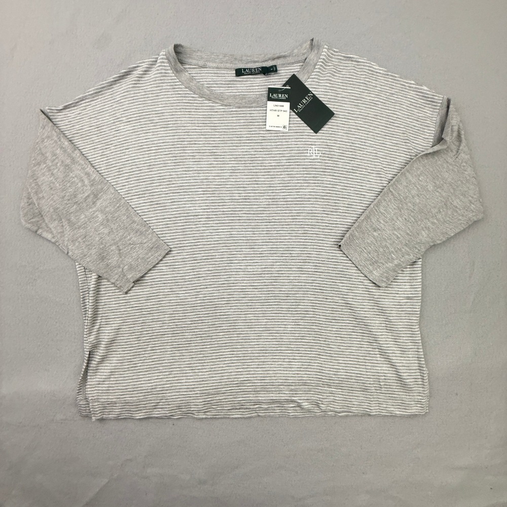 Lauren Ralph Lauren Top Women Medium Gray Striped Casual 3/4 Sleeve Viscose
